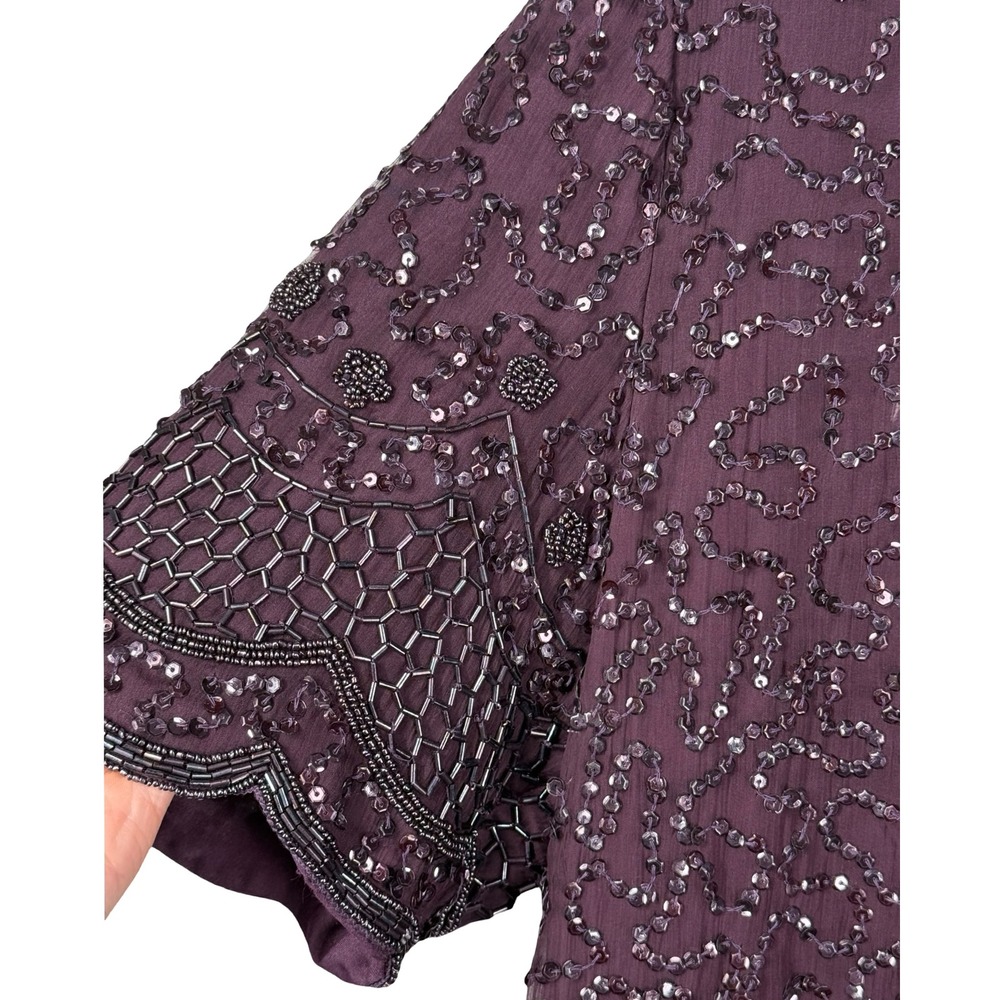 Brilliante by J.A. Beaded Silk Dress Plum Scalloped Hem Size L Vintage Style - Picture 3 of 10